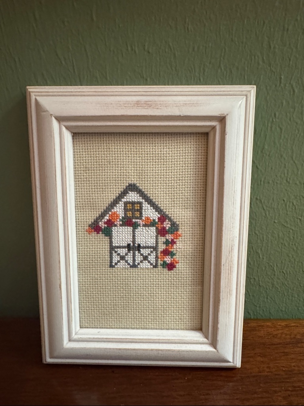 Framed Cross-Stitch Cottage Wall Art Handmade Barn Flowers Cottagecore